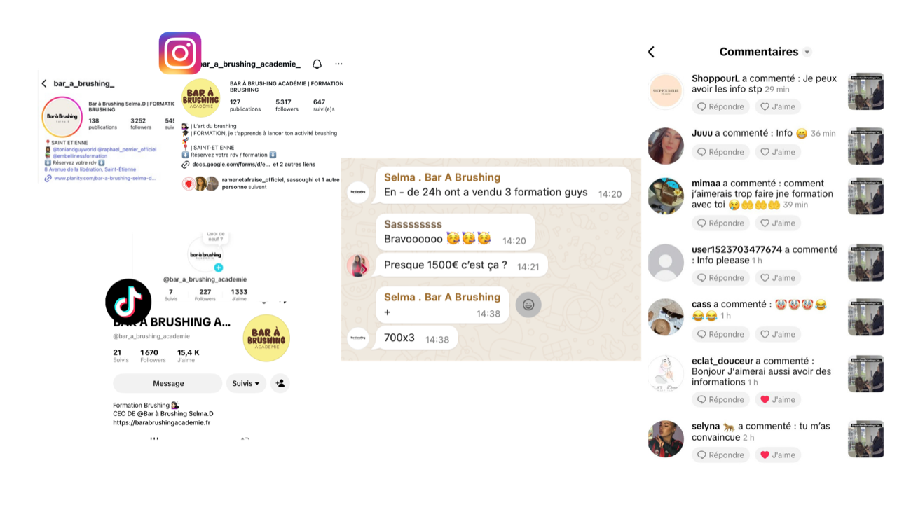 Bar à Brushing Académie · 3 formations vendues en moins de 24h, +5 300 abonnés, 15,4K likes TikTok